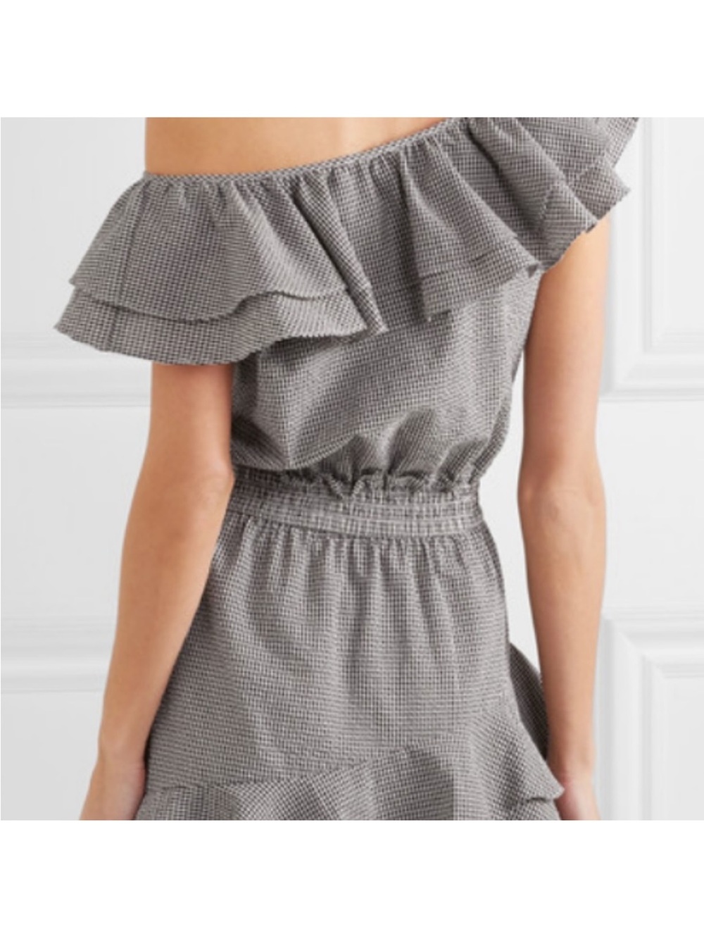 LoveShackFancy One-Shoulder Ruffle Waisted Dress in Grey Gingham